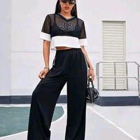 Women's Hight Waist Wide-Leg Jogger Pant Black & White Stripe